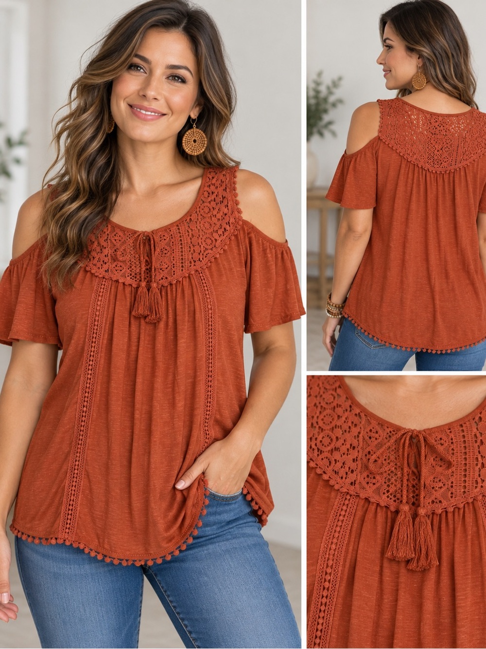 Lace Cold-Shoulder Crochet Yoke Tunic Top - Rust Boho top, Large